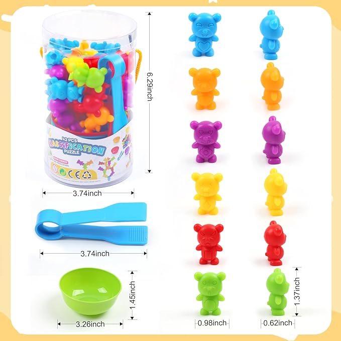 UNIQUE KIDS Counting Matching Game with Sorting Cups, Color Classification and Sensory Training Educational Learning Toys Set Gift for Toddlers Preschool Ages 3 Years and up (New Stacking Bear)