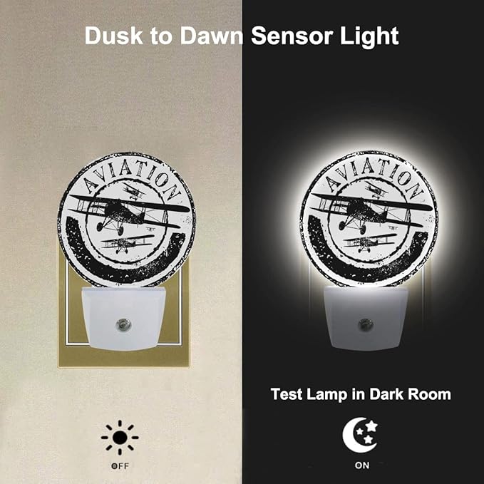 Vintage Airplane Night Light Aviation Rubber Stamp Black White Night Lights Plug into Wall with Dusk to Dawn Sensor Sleep Friendly lamp for Men/Women/Girls/Boys Gift