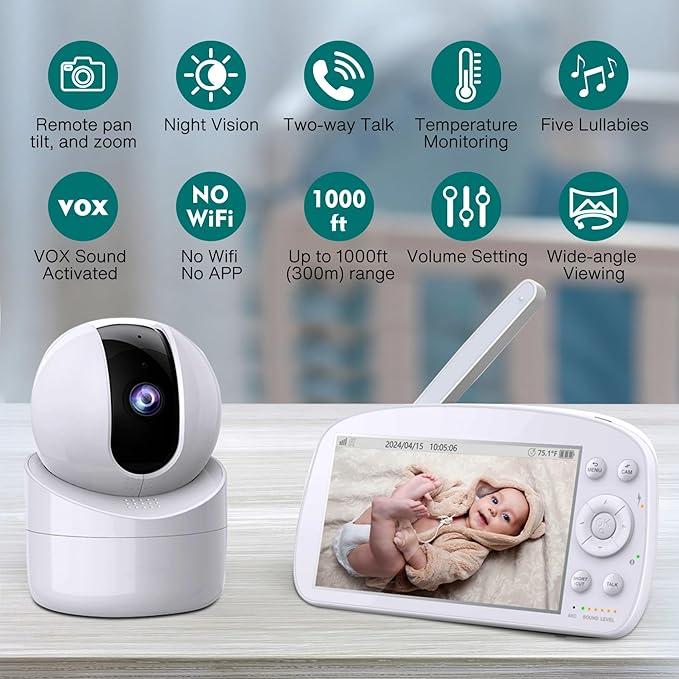 2025 Upgraded Baby Monitor with Night Lamp, 5'' IPS Screen Video Baby Monitor with Pan-Tilt-Zoom Camera No WiFi, HD Night Vision, 2-Way Talk, Lullaby Player, 4500mAh Battery (BBM-04)