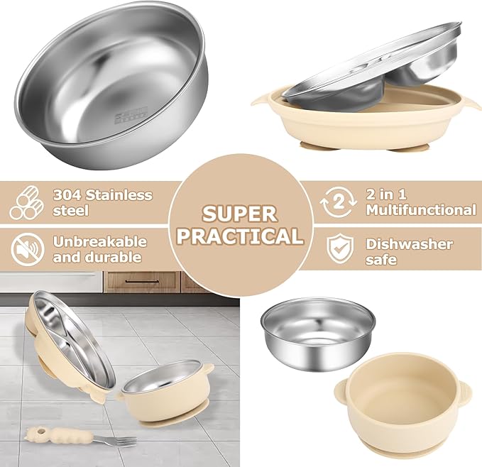 Stainless Steel Baby Plate and Bowl with Suction, Baby Bowl and Divided Kids Toddler Plate with Removable Silicone Shell, Non-Slip Toddler Baby Feeding Set, Forks + Spoons Included-Cream