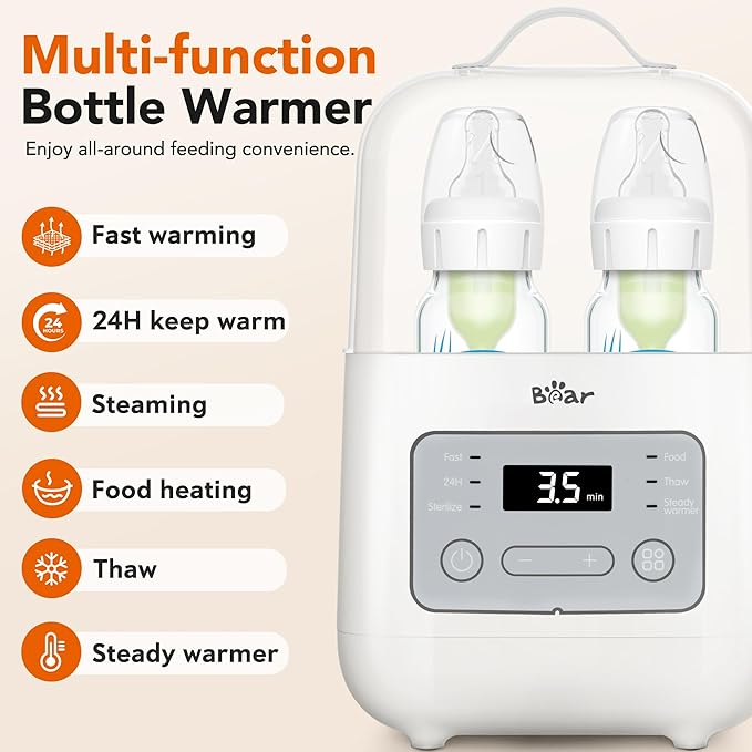 Bear Bottle Warmer, Baby Double Bottles Heater Breastmilk Food Warmer for New Born Twins, with Temp Control 24H Water Bath Warming, Fast Heating Steaming Thaw Multifunctional