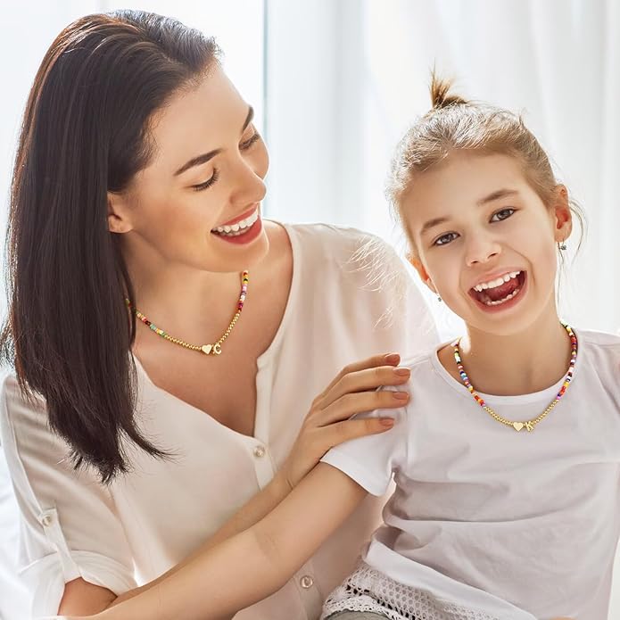 M MOOHAM Stocking Stuffers for Teen Girls Christmas Gifts - Heart Initial Necklaces for Women Kids Colorful Beaded Tiny Heart Initial Choker Necklace Jewelry for Teen Girls Trendy Birthday Gifts