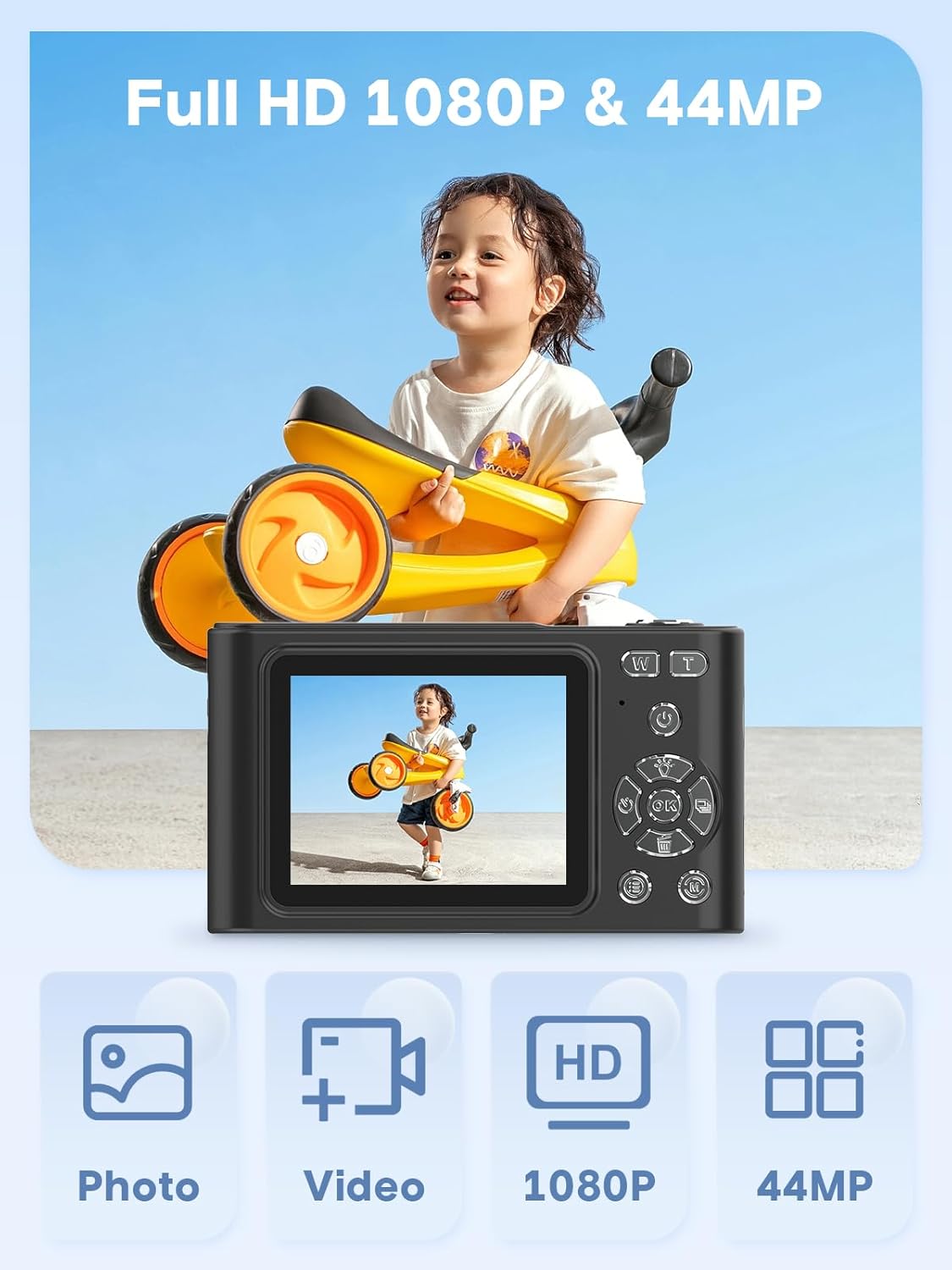 Digital Camera, 44MP Full HD 1080P Point and Shoot Camera with 64GB Card, Anti Shake 16X Zoom Compact Volg Cameras, Portable Small Camara Gift for Kids, Ages Teen Girl Boy - Black