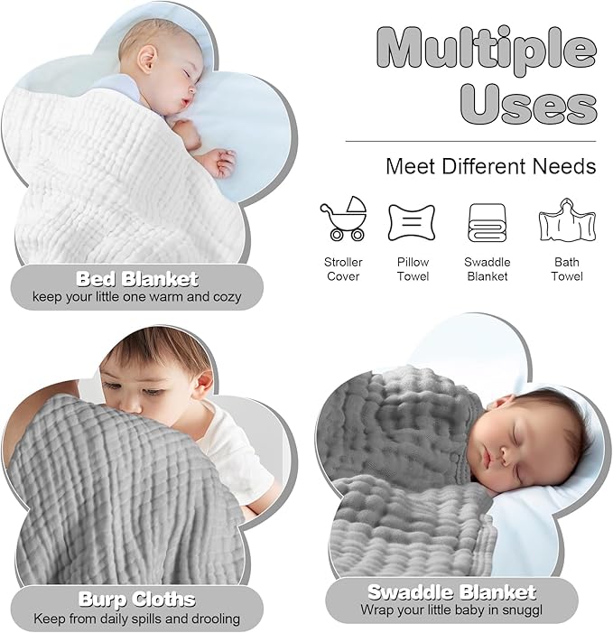 MUKIN Baby Hooded Towels, Muslin Cotton, 2-Pack, for Newborn, Infant, Toddler and Kids (White,Grey)