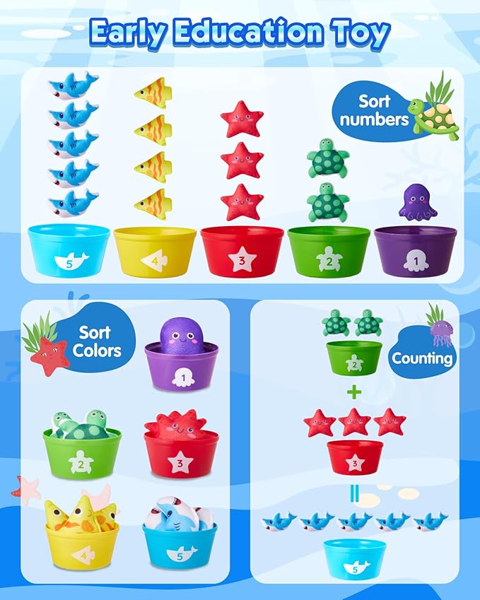 Montessori Toys for 1 Year Old: 10 In 1 Cloth Fishing Game Set with 5 Diverse Fish, 23pcs Stacking Toy Educational Learning Toy for 1 2 3 Years Old Toddler Toys Baby Boys Girls Birthday Gifts