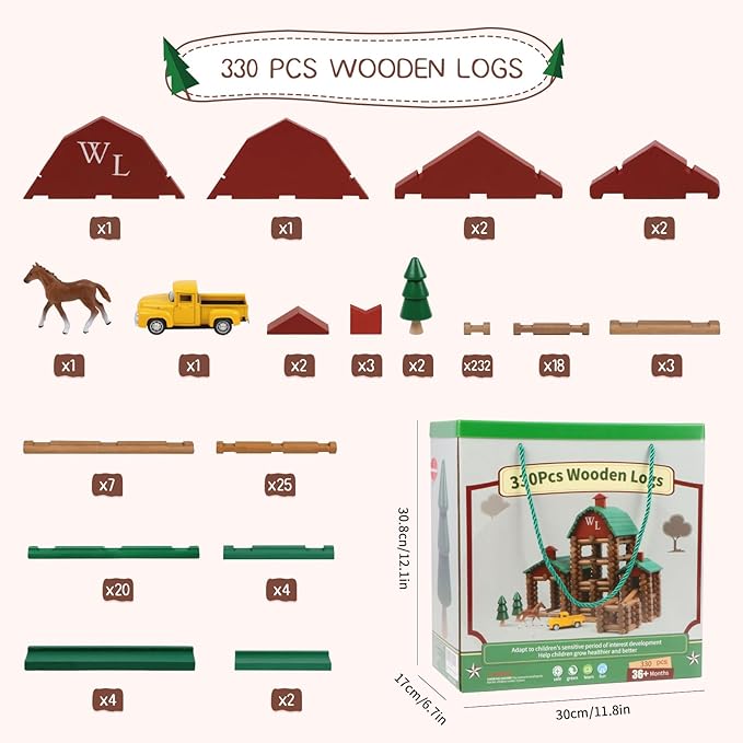Wondertoys 330 Pcs Wooden Log Set Real Wood Logs Classic Building Log Ages 3+ Best Retro Building Gift Set for Boys Creative Construction Engineering Educational Gifts