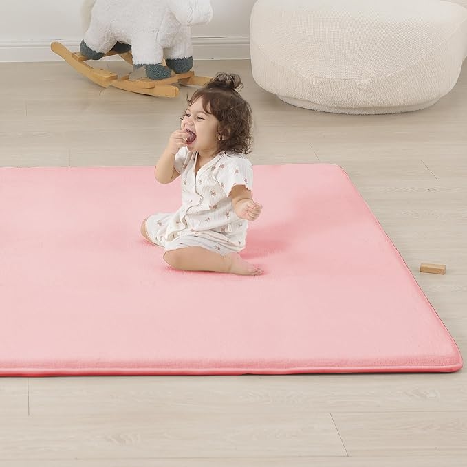 1.3" Thick Baby Floor Play Mat 59x71, Basic Padded Foam Mat for Tummy Time Crawling, Non Slip Cushioned for Babies Toddlers Infants Kids (Pink)