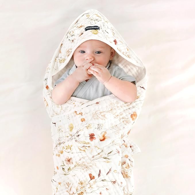 GRSSDER Ultra Soft Absorbent Muslin Cotton Baby Hooded Towel 2 Pack with Original Patterns, Extra Large Size 35"x 35" Swaddle Wrap for Newborn Infant and Toddler