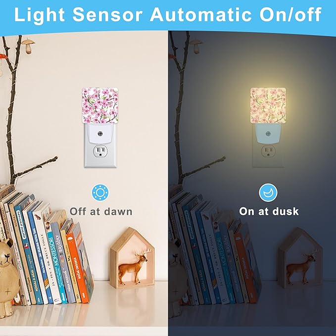 Spring Flowers Blossom Plug in Night Light with Auto Dusk to Dawn Sensor,Warm Night Lights for Boys Girls Bedroom Bathroom Hallway Kids Room Gifts