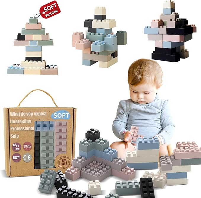 Silicone Blocks for Toddlers 1-3, Montessori Educational Toy Soft Baby Blocks, Large Sensory Stacking Toys for Preschool Learning Creative Play, 24PCS