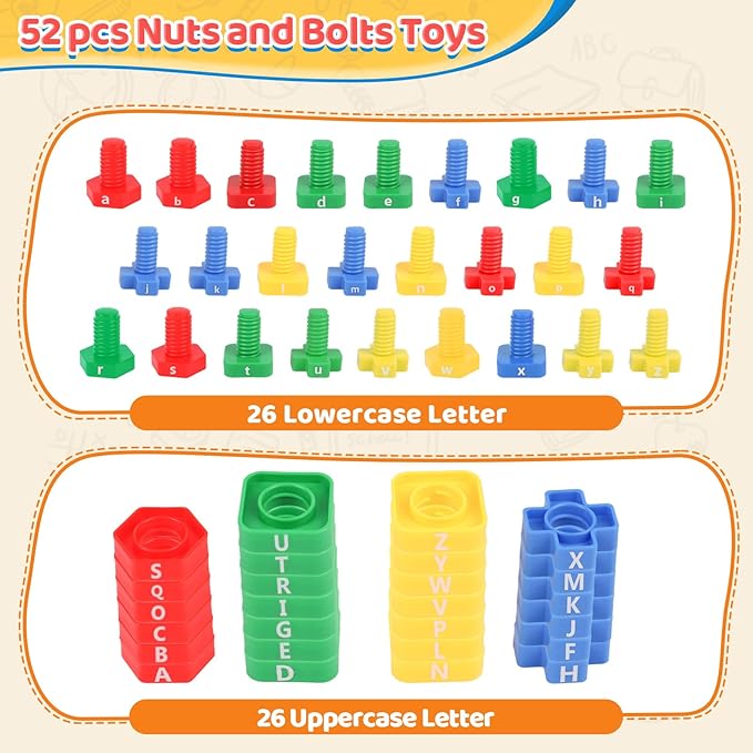 ABC Letters Matching Games - Alphabet Learning Toy for Toddler: 52 pcs Nuts and Bolts Fine Motor Toys, Montessori Sorting & Stacking Toys Preschool Kindergarten Learning Activities for Kids