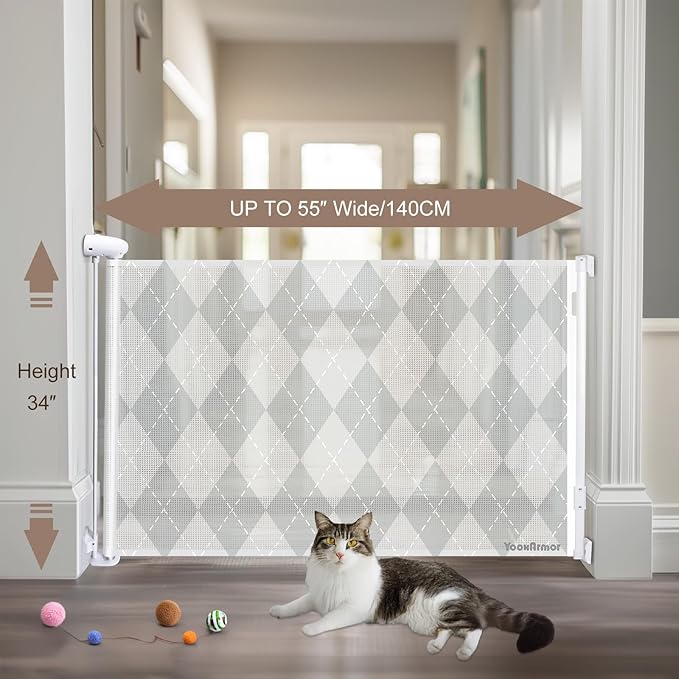 Retractable Mesh Baby Gate, 34" Tall, Extends up to 55" Wide, Child Safety Gate for Doorways, Stairs, Hallways, Indoor/Outdoor (34"x55", Grid Pattern)