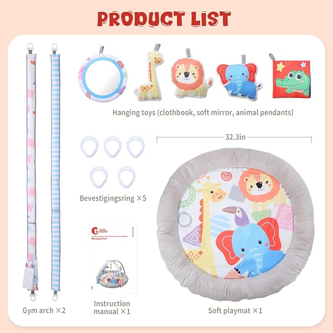 CUTE STONE Baby Play Gym & Tummy Time Mat with Lights, Sounds, Detachable Toys, Adjustable Volume Activity Gym Baby Mat for Infant Sensory & Motor Development, Newborn Baby Gift