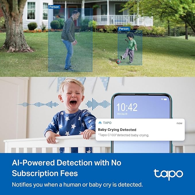Tapo 2K 3MP Pan/Tilt Indoor/Outdoor Security Camera, Free Person/Baby Cry Detect & Motion Track, 360° View, Color Night Vision, SD/Cloud Storage, Works w/Alexa & Google Home, HybridCam 360