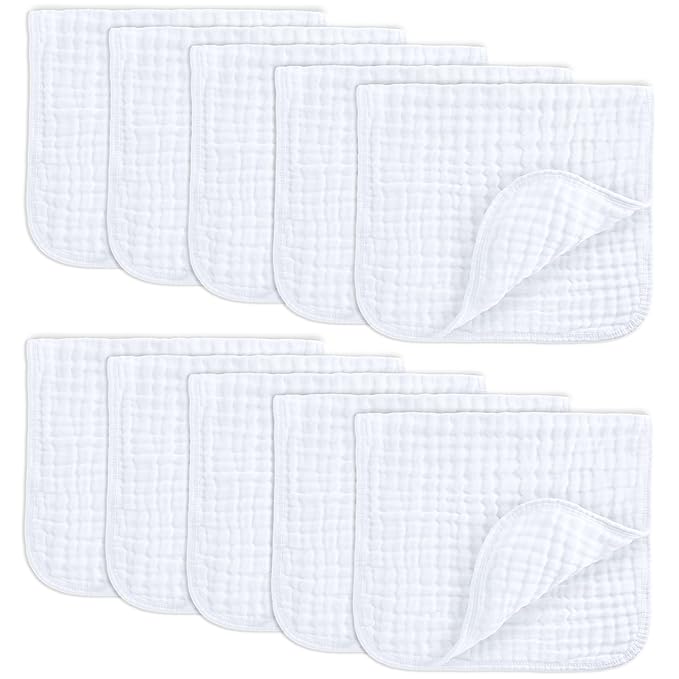 Comfy Cubs Muslin Burp Cloths 20" x 10", Pack of 10 - Large, 6-Layer, Ultra Absorbent 100% Cotton for Baby Drool and Messes - Soft, Safe & Gentle Baby Burp Cloths for Boys & Girls - White