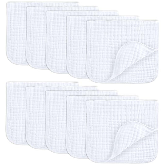 Comfy Cubs Muslin Burp Cloths 20" x 10", Pack of 10 - Large, 6-Layer, Ultra Absorbent 100% Cotton for Baby Drool and Messes - Soft, Safe & Gentle Baby Burp Cloths for Boys & Girls - White