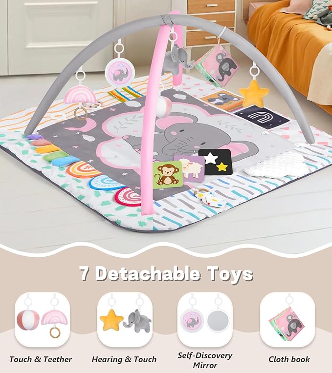 Baby Play Mat Activity Gym with Tummy Time Pillow, 6 Developmental Zones Tummy Time Mat, 6 Detachable Sensory Toys and Educational Cards, Essential Baby Shower Set, Pink Elephant
