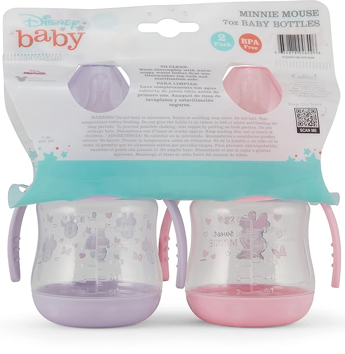 Disney 2 Pack 7 Ounce Baby Bottles with Character Prints and Colored Covers with Double Handle - BPA Free and Easy to Clean