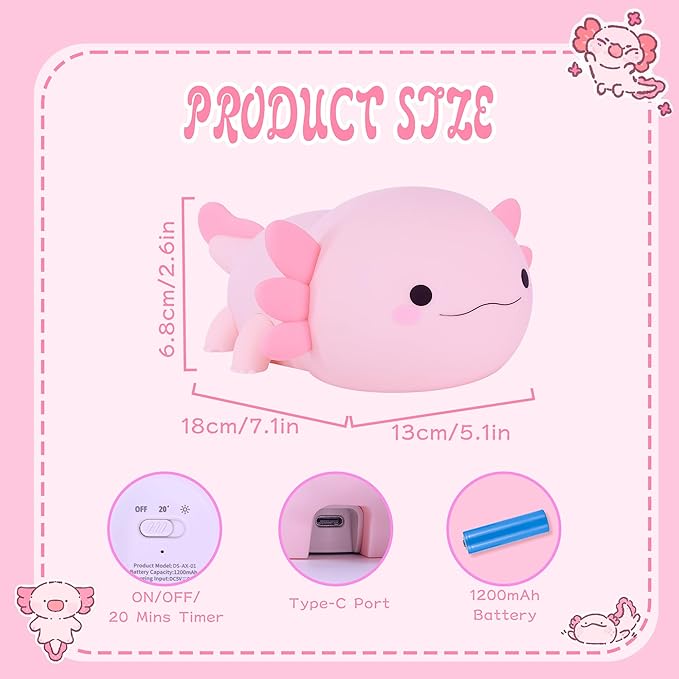 Axolotl Night Light for Kids, Cute Axolotl Silicone Lamp Rechargeable, Squishy Animal Light with Timer Dimmable, Nursery Decor Birthday Holiday Gifts for Girl Boy