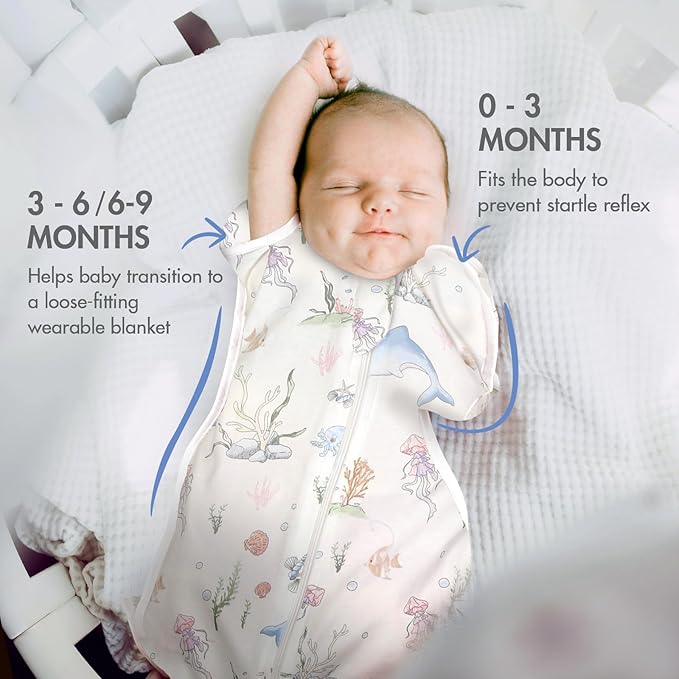 2-Pack Baby Transitional Swaddle Sleep Sack - Arms Up Swaddle 6-9 Months for Baby Boys, Newborn Sacks with Cuff Removable & 2-Way Zipper, Blue Dolphin Cotton Sleep Sack