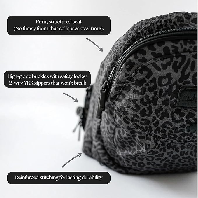 Tushbaby Ergonomic Hip Seat Carrier- for Babies and Toddlers 0-3yrs, Safety Approved, Structured Support, Convenient Pockets, Feeding Aid, Durable YKK Zippers, Foam-Free Build, (Jaguar)