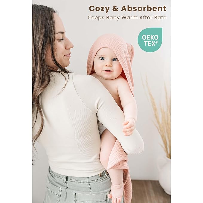 Konssy 2-Pack Muslin Hooded Baby Towels, 100% Cotton, Ultra-Soft & Absorbent Baby Bath Towels with Hood for Newborn & Infant (Pink, Floral,32" x 32")