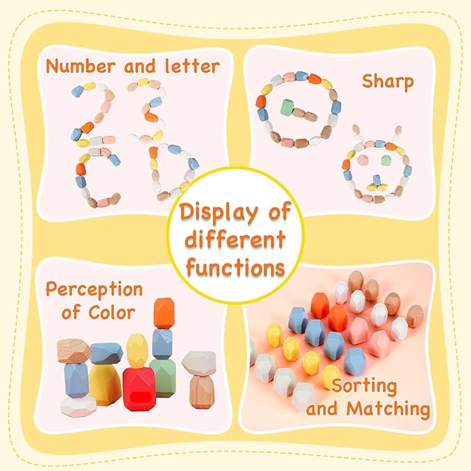 OPPA 36PCS Wooden Stacking Rocks, Montessori Sensory Toys for Toddlers, Building Rocks Stones Games,Stacking Stones for Kids Gifts