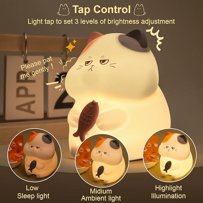 Greedy Cat Night Light for Kids, 3 Levels Dimmable Cute Kitty Nursery Nightlight with Touch Color Change, Squishy Silicone Rechargeable Bedside Lamp for Baby/Pregnant Mom/Elderly/Adults