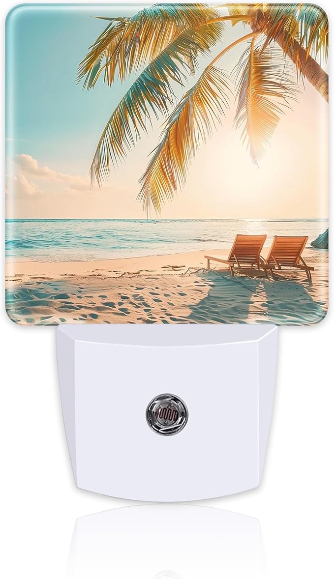 Beach and Sunset Night Light Plug into Wall, Tropical Palm Tree and Ocean Dusk to Dawn Night Light Plug in,0.5w Energy Saving Sleep Friendly NightLight for Kids Boys Girls Home Decor