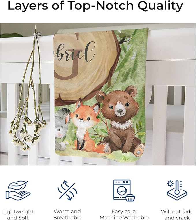 MDPrints Custom Baby Blankets for Boys and Girls, Personalized Baby Gifts, Customized Newborn Blanket with Name, Minky Plush Fleece (Woodland HA75)