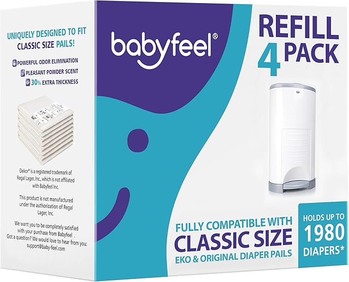 Babyfeel Refills Compatible with DEKOR CLASSIC Diaper Pails | 4 Pack | Exclusive 30% Extra Thickness | Diaper Pail Refills with Powerful Odor Elimination | Powder Scent | Holds up to 1980 Diapers