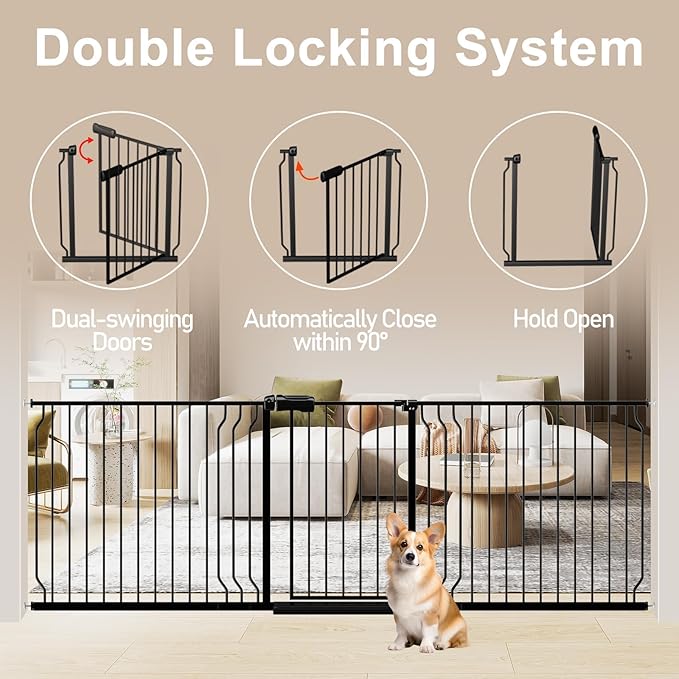WAOWAO Baby Gate 62.20-71.26" Extra Wide Pressure Mounted Walk Through Swing Auto Close Safety Black Metal Toddler Kids Child Dog Pet Puppy for Stairs,Doorways,Kitchen