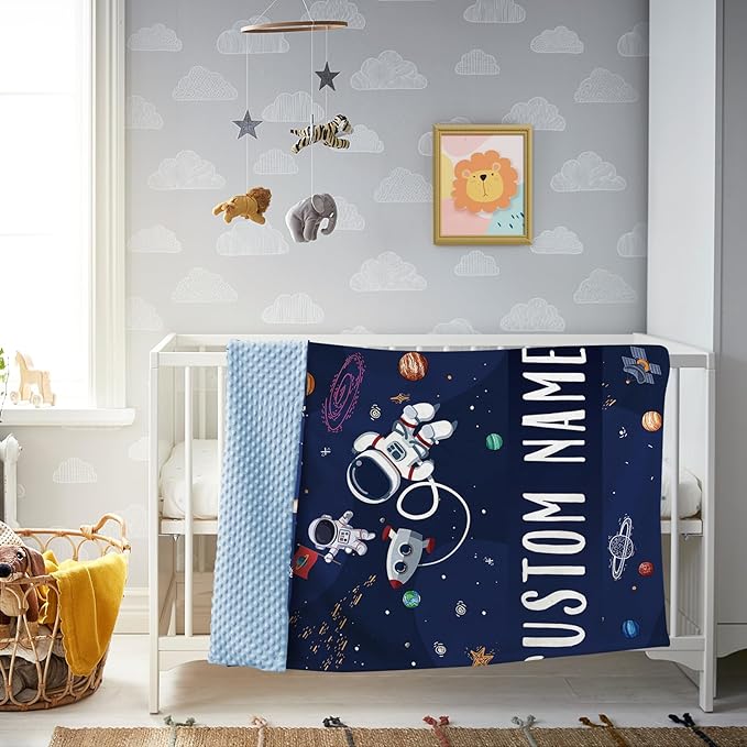 Custom Baby Blanket, Personalized Baby Blankets with Name for Boys Girls, Flannel Double Layer Dotted Backing Receiving Swaddle for Infant Toddler, Customized Gift, Astronaut Pattern(60"x80")