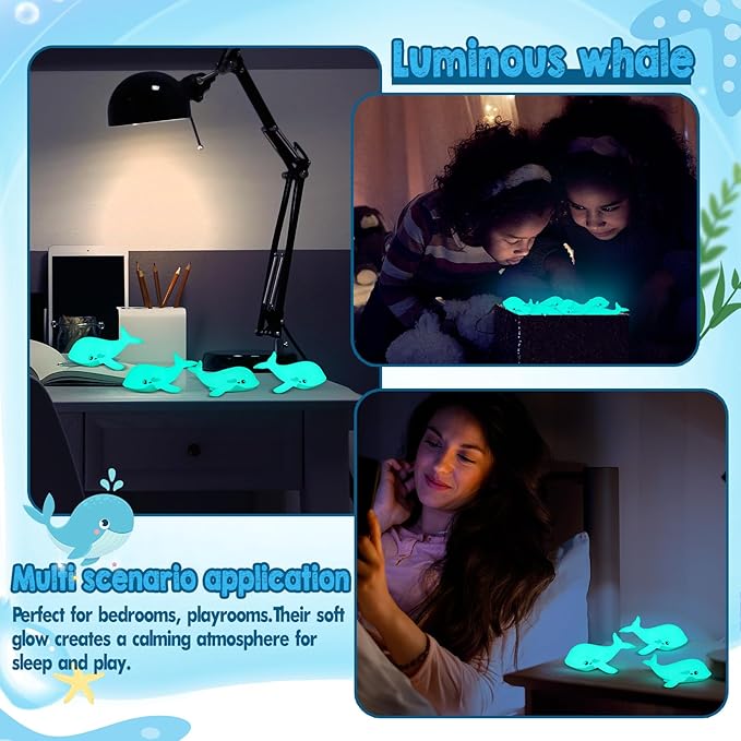 HyDren 48 Pcs Glow in The Dark Rubber Whale Bulk Squeaky Rubber Whale Luminous Mini Sea Animal Toys Bathtub Favors for Classroom Operation Christmas Basket Stuffers Child Gift Bulk(Blue)