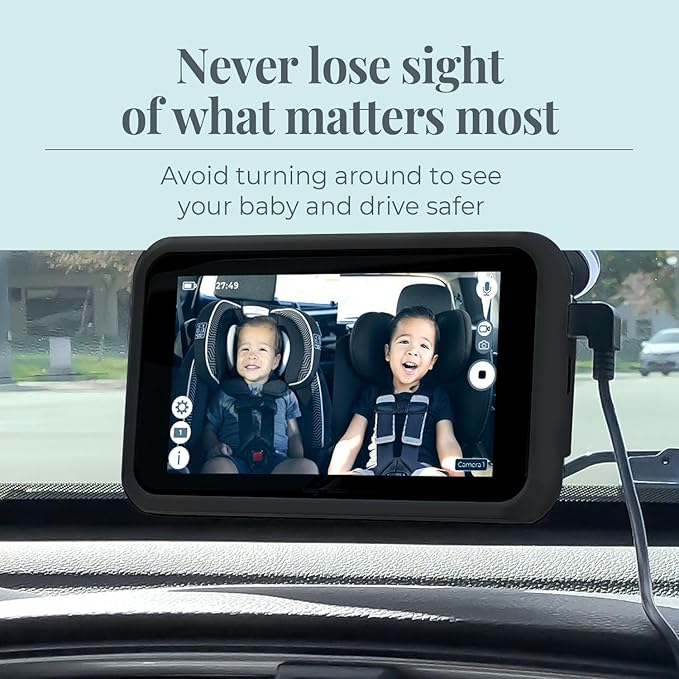 Tiny Traveler Baby Car Monitor for 2 Kids, 5” Touch Screen, No WiFi, Home Travel Roadtrip – Rear-Facing Car Seat Monitor Night Vision Baby Reminder Alert - Black