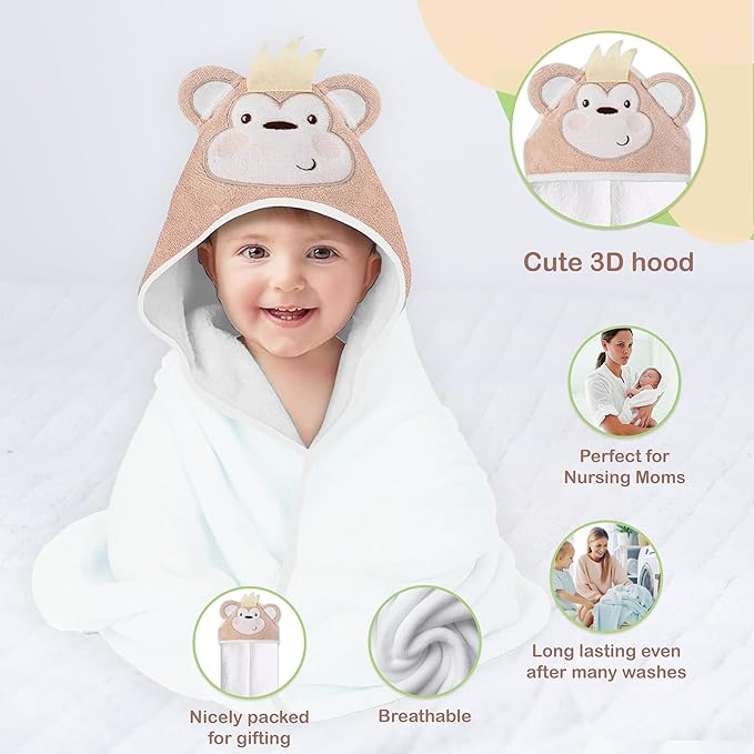Mother's Choice Baby Hooded Towel - Large Size Cotton, Ultra-Soft & Absorbent Bath Towel for Newborns, Infants, Toddlers, Boys & Girls with Animal Hood (Monkey)