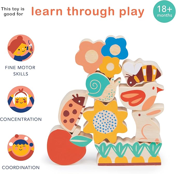 Mentari Toys - Happy Stacking Garden - 9 Wooden Nature Theme Pieces Stacking Toy - Boost Fine Motor Skills and Dexterity - Age 18 Months+