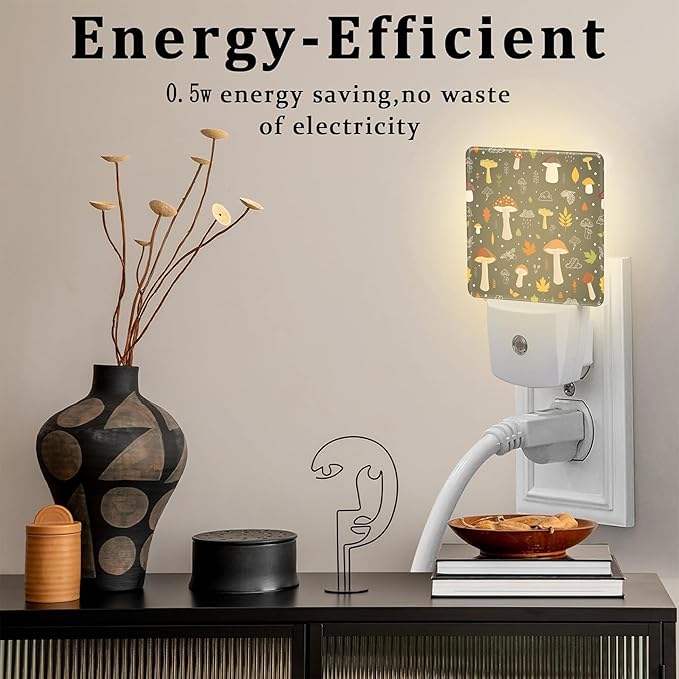 Colorful Forest Mushrooms Night Light Plug into Wall, Botanical Plants Leaves Dusk to Dawn Night Light, 0.5w Energy Saving Sleep Friendly Nightlights for Kids Boys Girls Home