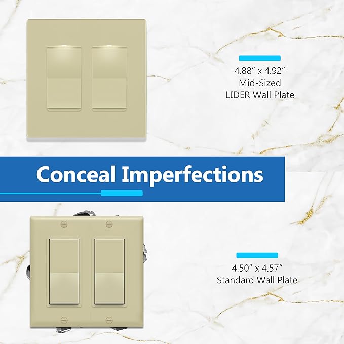 LIDER Matte Finish Double Decorator Switch Cover, Screwless Wall Plate, Mid-Size 2-Gang 4.88" x 4.92", Unbreakable Polycarbonate Thermoplastic, UL Listed, LSWP-32M-I10P, Ivory