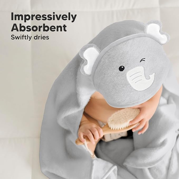 KeaBabies Hooded Baby Towel for Newborn - Viscose Derived from Bamboo Large Baby Bath Towels with Hood for Boys, Girls, Toddler, Extra Absorbent & Soft Newborn Bath Essentials (Elephant, Petite)