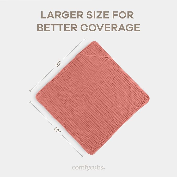 Comfy Cubs Hooded Baby Towel 2-Pack, Large 32 x 32 Inch - 6 Layer 100% Muslin Cotton for Babies, Toddlers and Kids - Soft & Absorbent Baby Bath Towels - Unisex Design for Bath Time - Dusty Rose