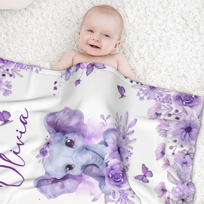 Personalized Baby Blanket for Girls Custom Baby Blanket with Name for Kids Custom Elephants Blanket for Infant Toddler Soft Newborn Bed Throw Personalized Baby Gift for Birthday Baby Shower Christmas