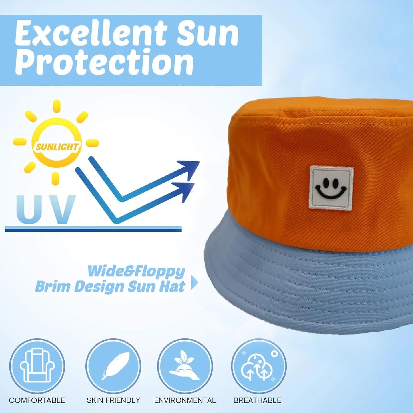 Kids Sun Hat Smile Face Bucket Hat for Girls Boys Summer Sun Protection Cotton Unisex Beach Cap