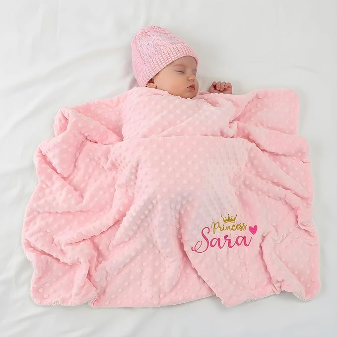 Personalized Baby Blankets for Girl, Custom Baby Blanket with Name, Embroidered Soft Minky Fleece Plush Sherpa Toddler Crib Stroller Blanket, Customized Newborn Birthday Gift Set, 27 * 35 Inch-Pink