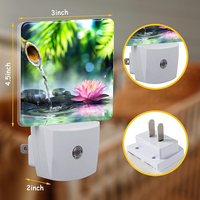 Black Stones and Pink Waterlily Night Light,Bamboo Pool Zen Garden Plug-in Night Light Auto Dusk-to-Dawn Sensor Energy Efficient LED Lamp for Room Decor,Hallway,Kitchen,Bathroom,Nursery,Stairs