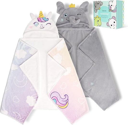 HECCEI HoodieHug Baby Towels, Premium Coral Fleece Bath Towel with Large Size-Ultra Absorbent for Baby Comfort- Great Gift for Newborn, Toddler and Kid (Unicorn + Elephant)