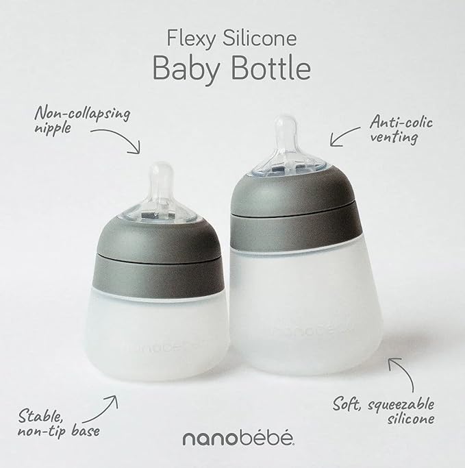 Nanobebe Flexy Silicone Baby Bottle, Anti-Colic, Natural Feel, Non-Collapsing Nipple, Non-Tip Stable Base, Easy to Clean 2-Pack, Grey, 9oz