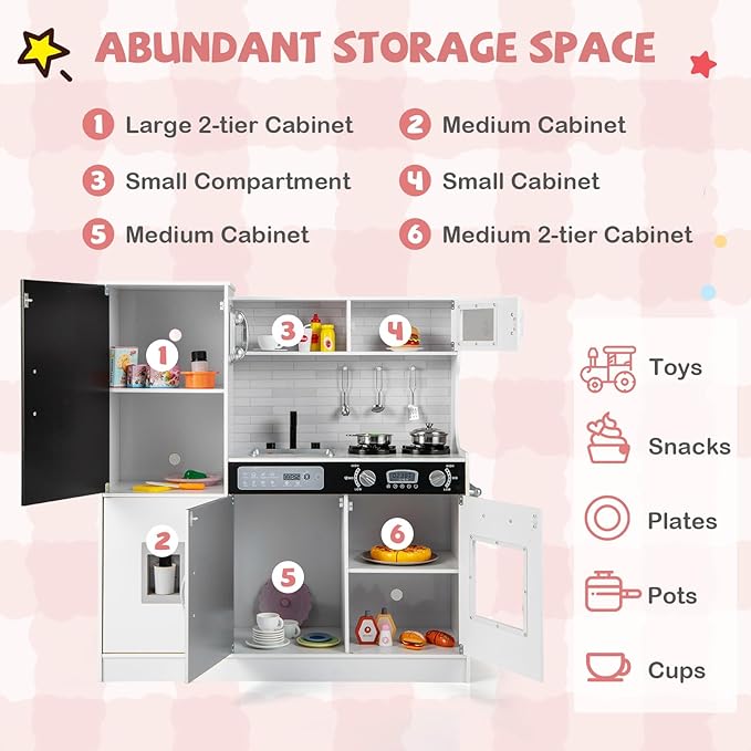 HONEY JOY Upgrade 39 in Kids Kitchen Playset, Large Wooden Little Chef Pretend Toy Kitchen Set w/Chalkboard, Telephone, Utensils, Oven, Microwave, Sink, Storage, Play Kitchen for Toddlers (White)