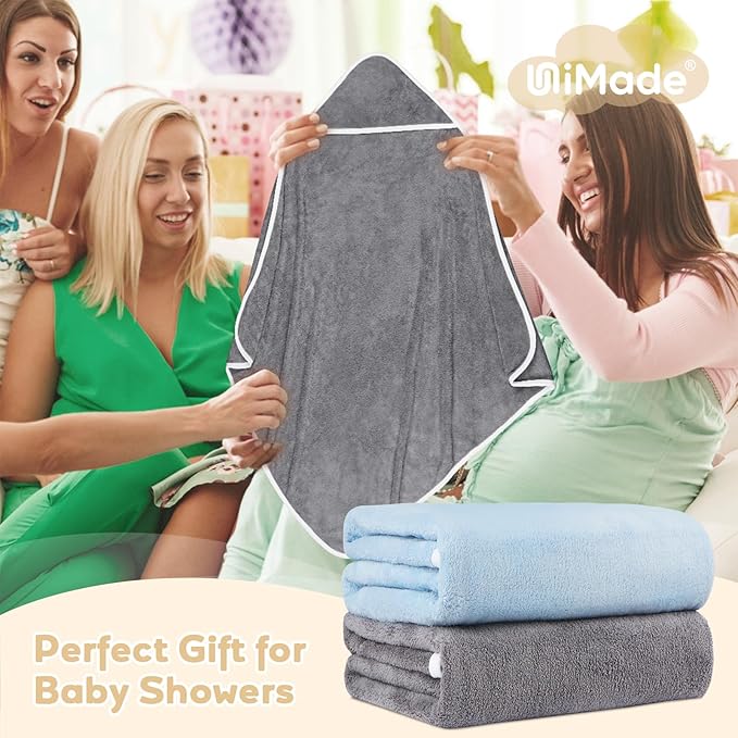 Hooded Towel for Newborn, 2 Pack Soft Coral Fleece Baby Towels, Ultra Absorbent Bath Cloths Bulk for Infants, Toddlers, Newborn Essential- 30 x 30 inch - Grey & Blue