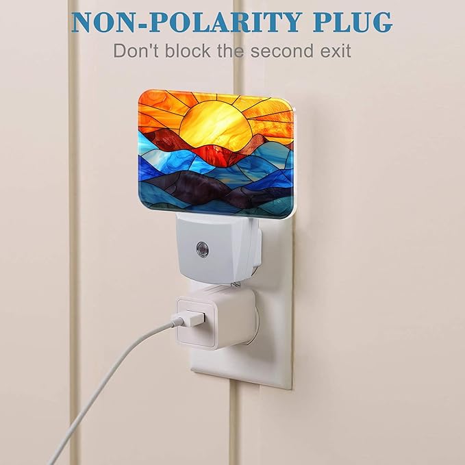 Stained Glass Sunset Night Light Plug into Wall, Colorful Glass Mountains Night Light with Dusk to Dawn Sensor for Kid Girls Boys Women Men Room, Hallway, Kitchen, Bathroom, Stairs Decor